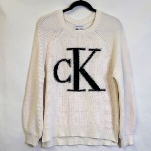 Calvin Klein Cream and Black Crewneck Sweater with Bold  black crystals Logo
